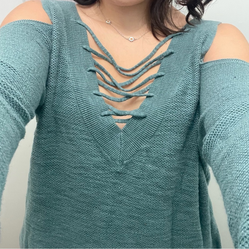 Express turquoise green cold shoulder sweater